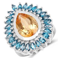 STERLING SILVER CITRINE AND BLUE TOPAZ RING