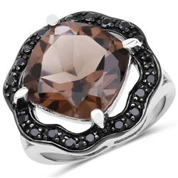 STERLING SILVER SMOKY QUARTZ AND BLACK SPINEL RING