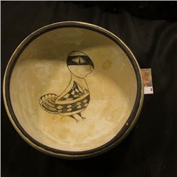 Most likely a Mimbres Style Pottery Reproduction Bowl? Off-white Bowl with black trim depicting a fi