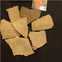 7 Pre-Columbian Native American Pottery Shards, no attempt made to reconstruct bowl or utensil.