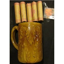 Brown-glazed Stoneware Mug with (5) Rolls of Bank-wrapped Wheat Cents. Fern or Fleur-de-lis design.