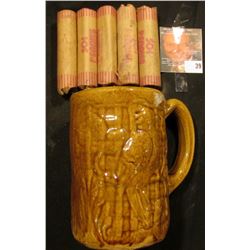 Morton Parrot design brown-glazed Stoneware Beer Mug with (5) Rolls of Bank-wrapped Wheat Cents.