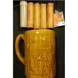 Morton Parrot design brown-glazed Stoneware Beer Mug with (5) Rolls of Bank-wrapped Wheat Cents, inc