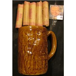 Morton Parrot design brown-glazed Stoneware Beer Mug with (5) Rolls of Bank-wrapped Wheat Cents, inc