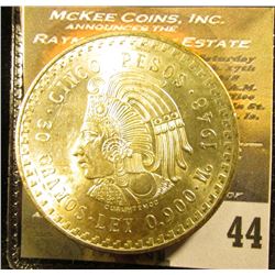 1948 Mexico Silver Cinco 5 Pesos depicting the Aztec Emperor, Cuauhtémoc ~ Ley 0.900 ~ BU ~ UNCIRCUL