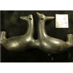 Back Bird Effigy Figure, cracked in half and restored. Bowls on either side but not a pipe. 10" x 5"