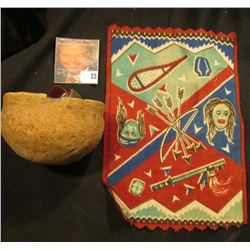 Old tobacco Flannel with Indian Motif and an excavated Indian Pot with museum number 6172.
