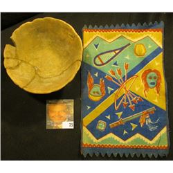 Old tobacco Flannel with Indian Motif and an excavated partially restored Indian Pot with museum num