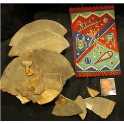 Large Group of Native American Pottery Shards & Old tobacco Flannel with Indian Motif