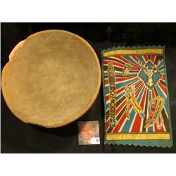 Three-footed Pre-Columbian Bowl. 8" diameter & Old tobacco Flannel with Indian Motif
