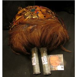 Pheasant Feather Headdress. Possibly 1920 era; & (2) Rolls of 1943 World War II Steel Cents.