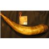 Image 1 : Old Powder Horn with wood plug, and butt cobb, with brass hob nails. Horn is engraved with a pair of