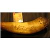 Image 2 : Old Powder Horn with wood plug, and butt cobb, with brass hob nails. Horn is engraved with a pair of