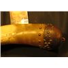 Image 3 : Old Powder Horn with wood plug, and butt cobb, with brass hob nails. Horn is engraved with a pair of