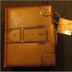 Leather & Brass Buckled Photo Album, no photos present. Gold-gilt edge lettering.