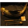 Image 2 : Brass Clock Pendulum, Graphite Pencil; Metal Spear; & a large Shark carved from the Horn of a Bull.