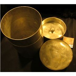 "Kut Hing Pewter Swatow" Heavy Canister with engraved exotic Bird on top and ornate Chinese Dragon o