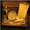 Image 2 : 13" x 7.5" x 3" Leather-bound Box with Brass Cross, hinges, and etc. containing a Spoon, Wooden cros