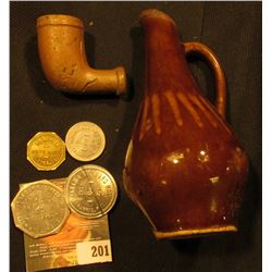 Miniature Stoneware Brown Pitcher, 4 1/4"; Clay Indian Trade Pipe; & (4) Different Old Good For Toke