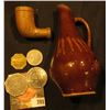 Image 1 : Miniature Stoneware Brown Pitcher, 4 1/4"; Clay Indian Trade Pipe; & (4) Different Old Good For Toke