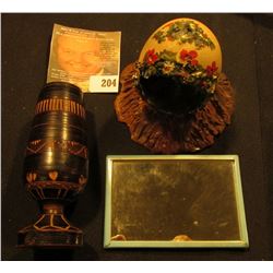 Hand engraved Wooden Vessel, maybe from Africa; "Tiffany & Co" Advertising Mirror depicting various 