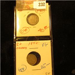 Canada 1880 H & 1894 5 Cent Silver. F, VG.