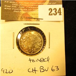 Canada 1920 10 Cents. Toned Choice BU-63.