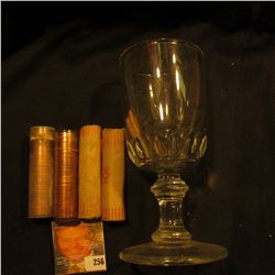Heavy Crystal Goblet containing (4) 1958 D Solid Date Gem BU Rolls of Lincoln "Wheat" Cents.