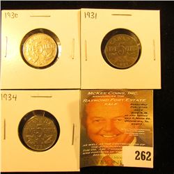 1930, 31, & 34 Canada Nickels. Fine-VF.