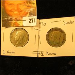 1930 VG & 1940 EF Sweden Silver One Krona.