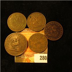 (5) Old Canada Bank Tokens dating from 1844-1854. One is holed.