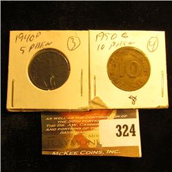 1940 D Germany 5 Pfennigs Swastika & 1950 G 10 Pfennigs.