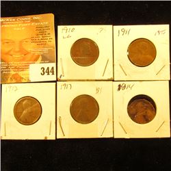 1910, 11, 12, 13, & 14 Lincoln Cents. Good-VG.
