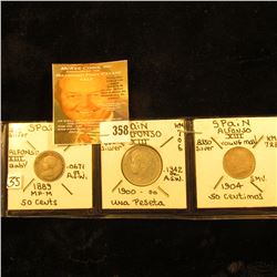 Spanish Silver Coins: 1889 MP-M 50 Cent, VF; 1900 Una Peseta, KM706, EF; & 1904 50 Centimes, KM723, 