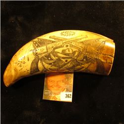 Simulated Whale Tooth with engraving of a Stage Coach with horses and riders, and pair of crossed bl