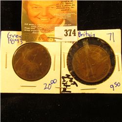 1893 Fine & 1939 Brown Unc Great Britain Large Pennies.