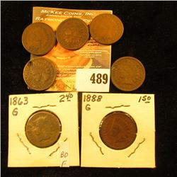 1862, 1880 (holed), 1883, 1885, 1888, 1890, & 1896 Indian Head Cents.