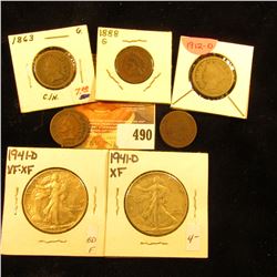 1863 Copper-nickel Good, 1880 Good, 1888 Good, & 1890 Good Indian Head Cents; 1912 D Liberty Nickel 