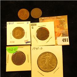 1863 Copper-nickel Good, 1880 Fair, 1888 Good, & 1890 Good Indian Head Cents; 1912 D Liberty Nickel 