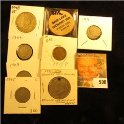 1976 D Kennedy Half Dollar (holed for a necklace); 1927 P Cent Fine; 1895, 1903, 1904, & 1911 Libert