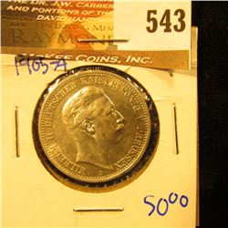 German Silver Two Mark Coin Dated 1905-A.  The Coin Was Minted In Berlin And Has Kaiser Willhelm The