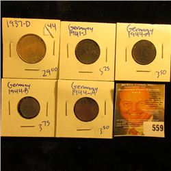 1937-D Silver German 2 Mark Coin With Swastika, 1941-J 10 Pfennigs, 1944-A 10 Pfennigs Times 2, And 
