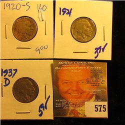 1937-D Buffalo Nickel With Full Horn, 1921 Buffalo Nickel, And 1920-S Buffalo Nickel