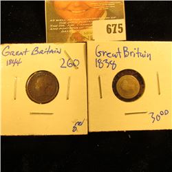 1838 British 2 Pence Silver Coin Plus 1844 Half Farthing,