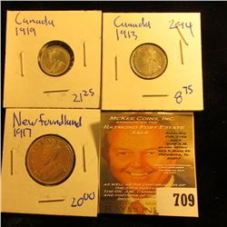 Beautiful 1919 Canadian Silver 5 Cent Piece Plus 1913 5 Cent Piece And Newfoundland Silver Quarter D