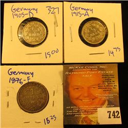 (3) Silver German Coins Includes 1915-A Half Mark, 1905-D Half Mark, And 1876-F Mark