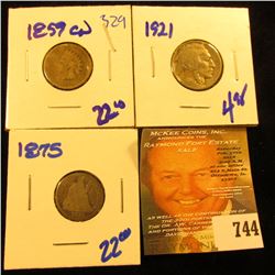 1859 Cn Indian Head Penny, 1921 Buffalo Nickel, And 1875 Seated Dime