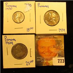 Coins From Panama Includes 1904 10 Centisimos, 1934 Quarter Balboa, And 1930 1/10th Balboa