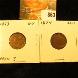 1873 Open 3 & 1874 U.S. Indian Head Cents.