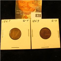 1867 & 1869 U.S. Indian Head Cent. Good.